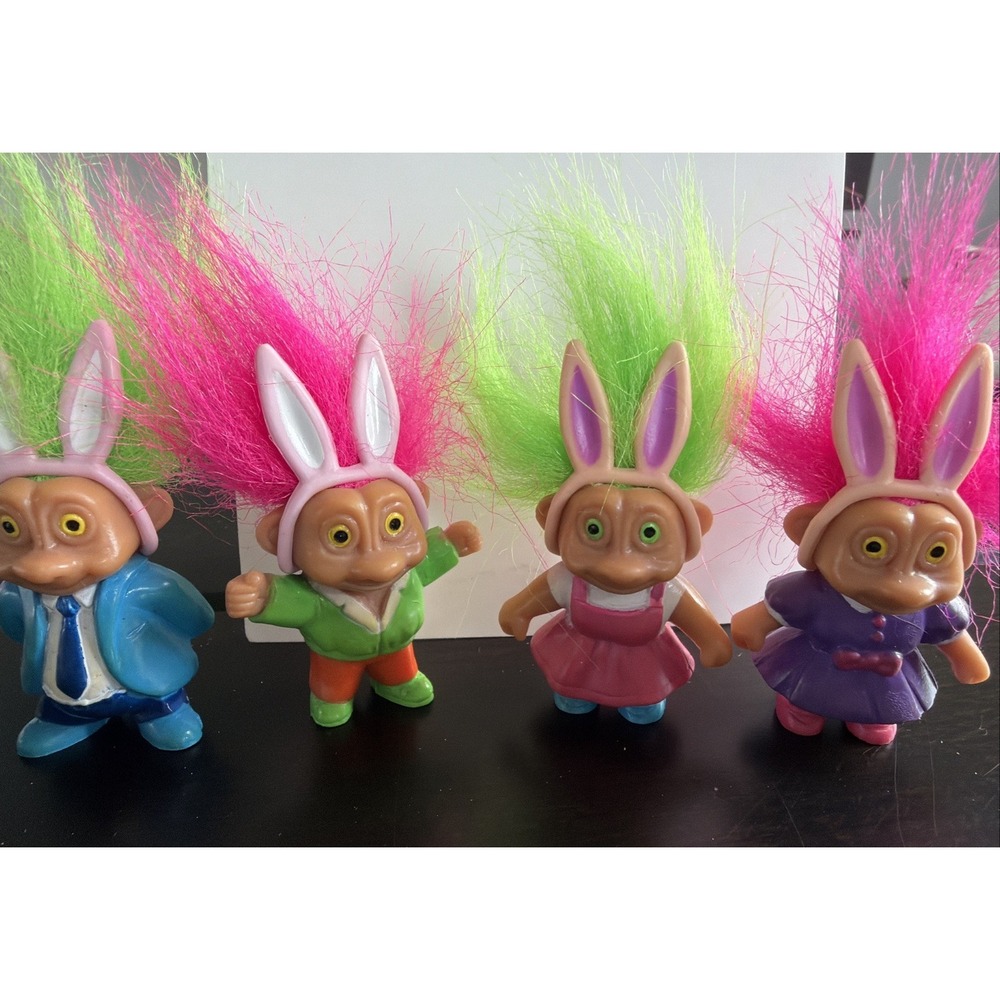 Troll Dolls Vintage Easter Bunny, Set of 4, Pink Green Hair 3 Inch Figures